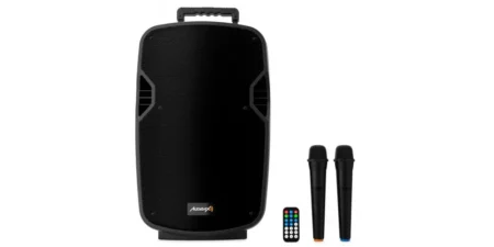 Audibax Denver 12 Caixa de Som Ativa de 12” com Bateria, Rodízios + 2 Microfones Sem Fio de Mão